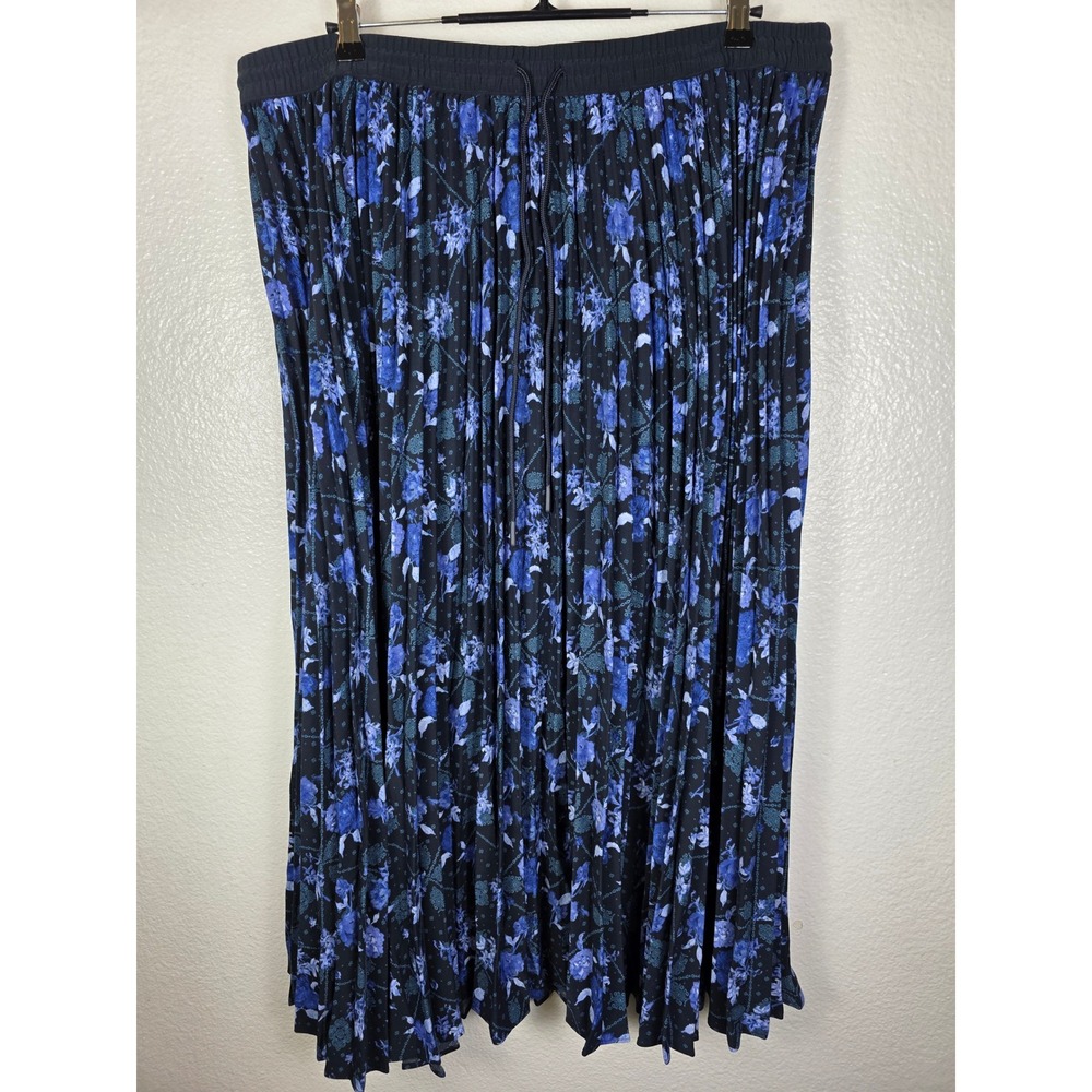 Woolrich Womens Blue Floral Pleated Midi Skirt Elastic Waist Drawstring‎ XXL